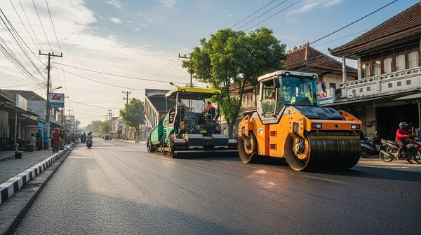 Pengaspalan jalan menggunakan aspal dari Pabrik Aspal Cilegon