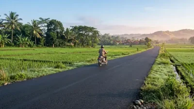 Jalan beraspal mulus membelah persawahan hijau dengan pengendara motor di Purwakarta