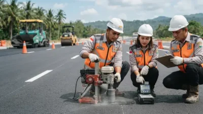 Jasa Pengaspalan Garut sedang melakukan pengecekan kualitas aspalnya.