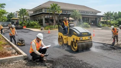 Jasa Pengaspalan Sumedang mengerjakan pengaspalan di area parkir restoran.