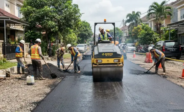 Jasa Pengaspalan Sumedang saat mengaspal area jalan perumahan