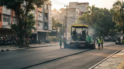 Jasa pengaspalan Jakarta Timur dengan asphalt paver di kawasan perkotaan