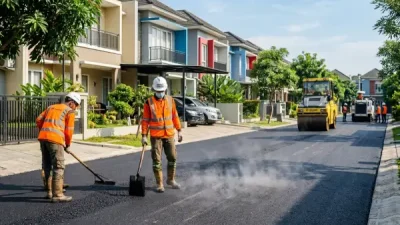 Pekerja jasa pengaspalan Purwakarta meratakan aspal panas di perumahan