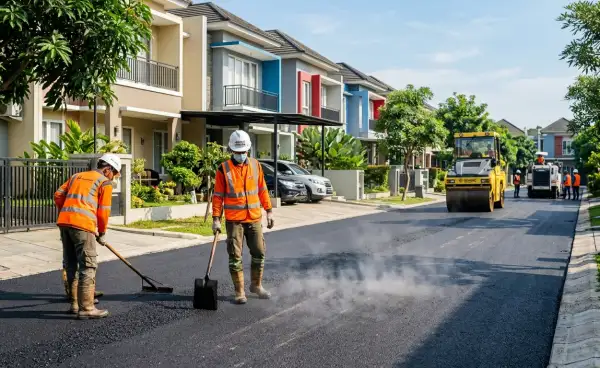 Pekerja menghamparkan aspal pada jalan perumahan di Purwakarta