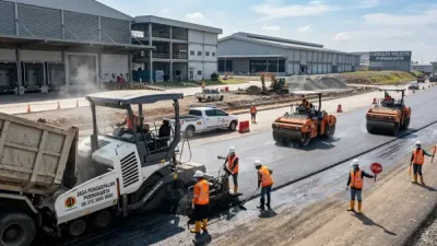 Jasa pengaspalan Purwakarta mengerjakan jalan kawasan industri dengan asphalt paver dan alat pemadat