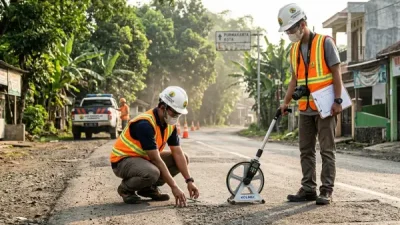 Dua pekerja mengukur dan memeriksa kondisi permukaan jalan menggunakan alat pengukur
