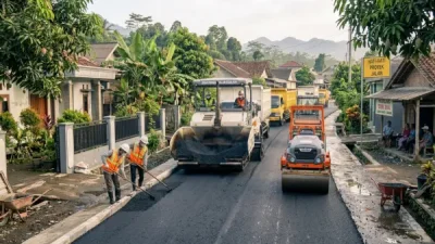 Jasa pengaspalan Cianjur mengerjakan perbaikan jalan di kawasan pedesaan dengan latar pegunungan dan persawahan.