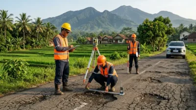 Tim pekerja memeriksa kondisi jalan yang retak menggunakan peralatan survei di area persawahan.